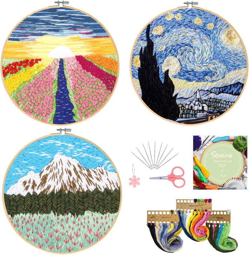 Santune 3 Sets Embroidery Starter Kit with Instructions,Cross Stitch Set,Stamped Needlepoint Kits with Water-Soluble Pattern,1 Hoop,Hand Crafts,Sewing Hobby - Image 1